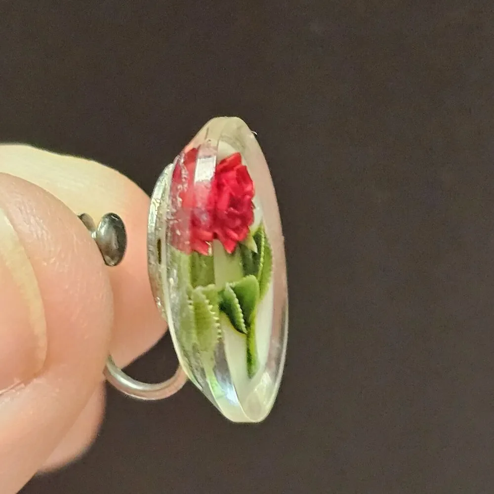 Gem Tone Hand Reverse Carved Lucite Red Rose Screw Back Earrings Germany